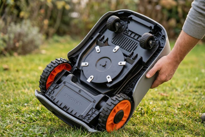 Segway Navimow i2 LiDAR Mähroboter wird im Test von unten gezeigt und man sieht den Mähteller mit 6 Messern dran.